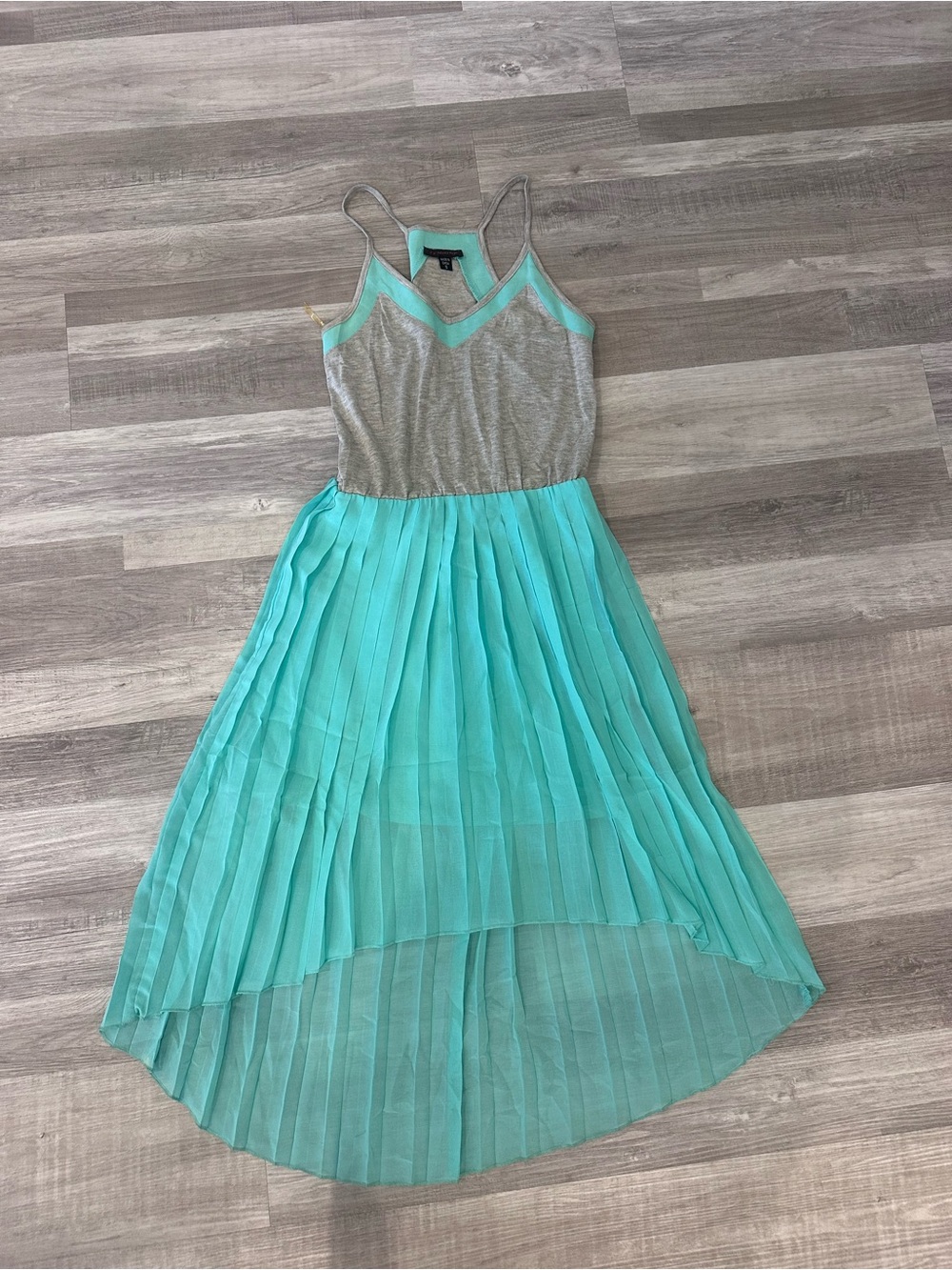 Pleated Aqua High-Low Dress with Grey Top
